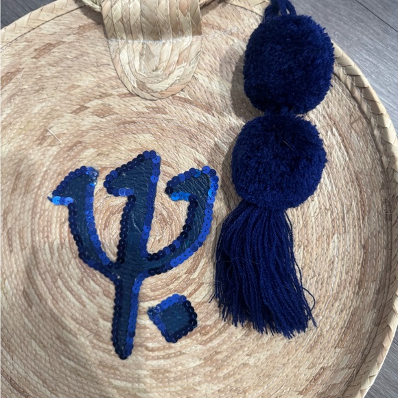 Club Med Round Straw Tote with Blue Pom Pom - Picture 4 of 4